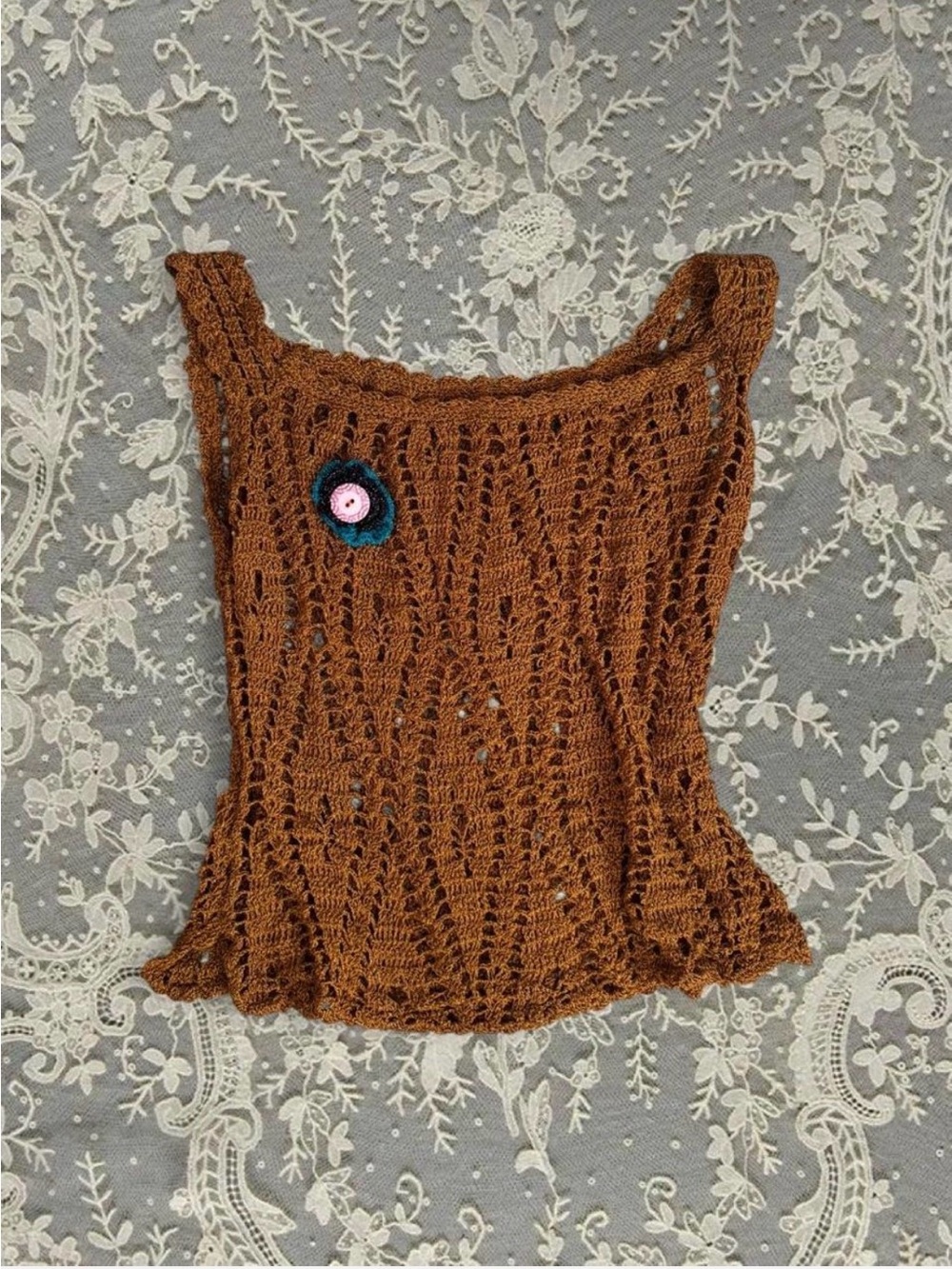 Handmade Crochet Tank Top Burnt Orange Terra Color  Flower Detail Boho Indie